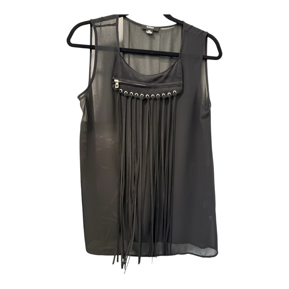 RUDSAK Black Blouse with Sheer Fabric and Fringe